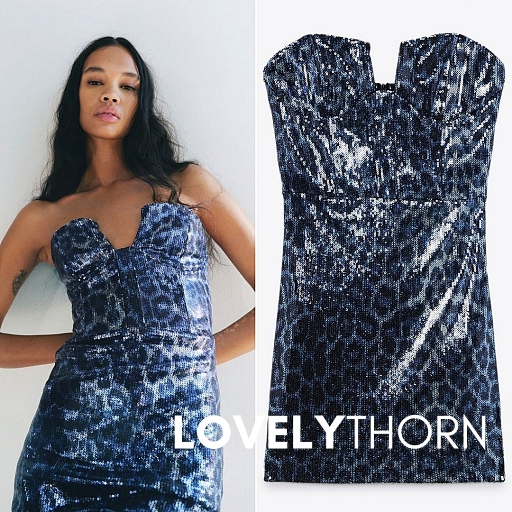 ZARA // ltd ed icy blue & muted silver leopard sequin sweetheart mini dress